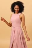 Dusty Rose A Line High Neck Pleated Long Chiffon Bridesmaid Dress