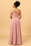 Dusty Rose Ruched Long Chiffon Bridesmaid Dress with Slit