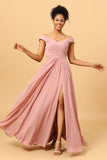 Dusty Rose Ruched Long Chiffon Bridesmaid Dress with Slit