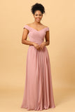 Dusty Rose Ruched Long Chiffon Bridesmaid Dress with Slit