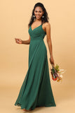 Dark Green A Line V Neck Floor Length Long Chiffon Bridesmaid Dress
