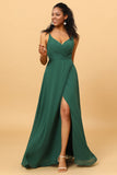 Dark Green A Line V Neck Floor Length Long Chiffon Bridesmaid Dress