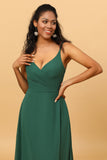 Dark Green A Line V Neck Floor Length Long Chiffon Bridesmaid Dress