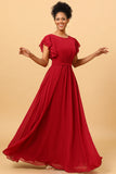 Burgundy Ruched Long Chiffon Bridesmaid Dress with Ruffles
