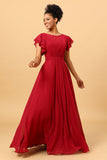Burgundy Ruched Long Chiffon Bridesmaid Dress with Ruffles