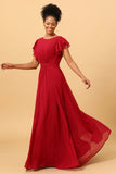 Burgundy Ruched Long Chiffon Bridesmaid Dress with Ruffles