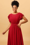 Burgundy Ruched Long Chiffon Bridesmaid Dress with Ruffles