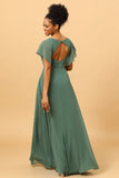 Eucalyptus A Line V-Neck Ruched Long Chiffon Bridesmaid Dress with Slit