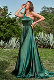A Line One Shoulder Long Satin Bridesmaid Dress with Split Front