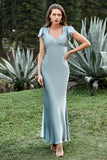 Grey Blue Mermaid V Neck Satin Simple Bridesmaid Dress with Ruffles