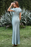 Grey Blue Mermaid V Neck Satin Simple Bridesmaid Dress with Ruffles
