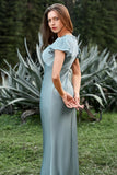Grey Blue Mermaid V Neck Satin Simple Bridesmaid Dress with Ruffles
