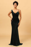 Dark Green Mermaid Velvet Backless Long Bridesmaid Dress