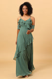 Eucalyptus Spaghetti Straps Long Chiffon Bridesmaid Dress with Ruffles
