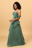 Eucalyptus Spaghetti Straps Long Chiffon Bridesmaid Dress with Ruffles