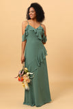 Eucalyptus Spaghetti Straps Long Chiffon Bridesmaid Dress with Ruffles