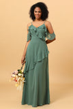 Eucalyptus Spaghetti Straps Long Chiffon Bridesmaid Dress with Ruffles