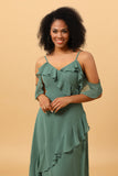 Eucalyptus Spaghetti Straps Long Chiffon Bridesmaid Dress with Ruffles
