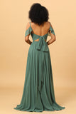 Eucalyptus A Line Spaghetti Straps Chiffon Bridesmaid Dress with Slit