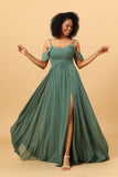 Eucalyptus A Line Spaghetti Straps Chiffon Bridesmaid Dress with Slit