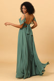 Eucalyptus A Line Spaghetti Straps Chiffon Bridesmaid Dress with Slit