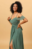Eucalyptus A Line Spaghetti Straps Chiffon Bridesmaid Dress with Slit