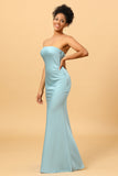 Sky Blue Mermaid Strapless Floor Length Satin Bridesmaid Dress with Open Back