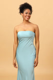 Sky Blue Mermaid Strapless Floor Length Satin Bridesmaid Dress with Open Back