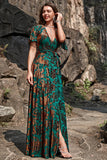 A-Line V Neck Dark Green Burnout Velvet Floor Length Dress with Short Sleeve