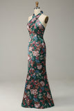 Flower Mermaid Halter Floor Length Print Satin Bridesmaid Dress