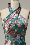 Flower Mermaid Halter Floor Length Print Satin Bridesmaid Dress