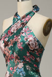 Flower Mermaid Halter Floor Length Print Satin Bridesmaid Dress