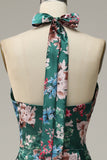 Flower Mermaid Halter Floor Length Print Satin Bridesmaid Dress