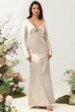 Champagne A Line V Neck Satin Bridesmaid Dress with Long Sleeves