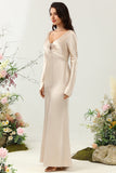 Champagne A Line V Neck Satin Bridesmaid Dress with Long Sleeves