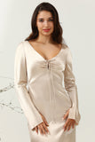 Champagne A Line V Neck Satin Bridesmaid Dress with Long Sleeves