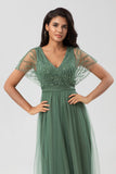 Tulle A-Line Beaded Embroidered Tulle Eucalyptus Bridesmaid Dress