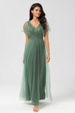 Tulle A-Line Beaded Embroidered Tulle Eucalyptus Bridesmaid Dress