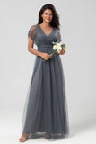 Tulle A-Line Beaded Embroidered Tulle Eucalyptus Bridesmaid Dress