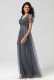 Tulle A-Line Beaded Embroidered Tulle Eucalyptus Bridesmaid Dress