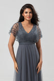 Tulle A-Line Beaded Embroidered Tulle Eucalyptus Bridesmaid Dress
