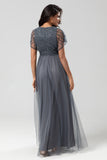 Tulle A-Line Beaded Embroidered Tulle Eucalyptus Bridesmaid Dress