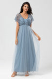 A-Line V Neck Beaded Tulle Bridesmaid Dress with Short Sleeves