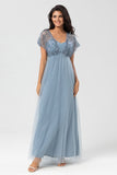 A-Line V Neck Beaded Tulle Bridesmaid Dress with Short Sleeves