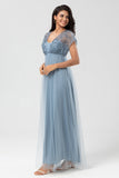A-Line V Neck Beaded Tulle Bridesmaid Dress with Short Sleeves