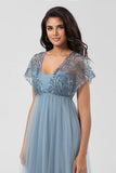 A-Line V Neck Beaded Tulle Bridesmaid Dress with Short Sleeves
