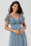 A-Line V Neck Beaded Tulle Bridesmaid Dress with Short Sleeves