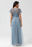 A-Line V Neck Beaded Tulle Bridesmaid Dress with Short Sleeves