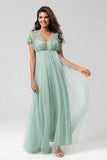 A-Line V Neck Beaded Tulle Bridesmaid Dress with Short Sleeves