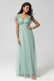 A-Line V Neck Beaded Tulle Bridesmaid Dress with Short Sleeves